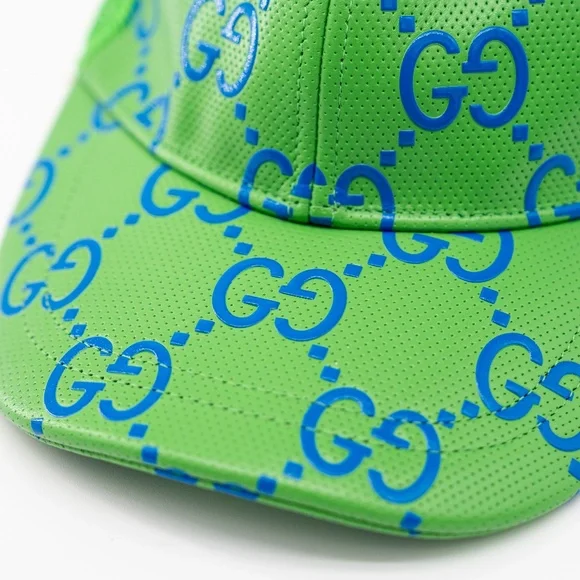 size S - Gucci Leather Green Cap Baseball Hat GG Blue